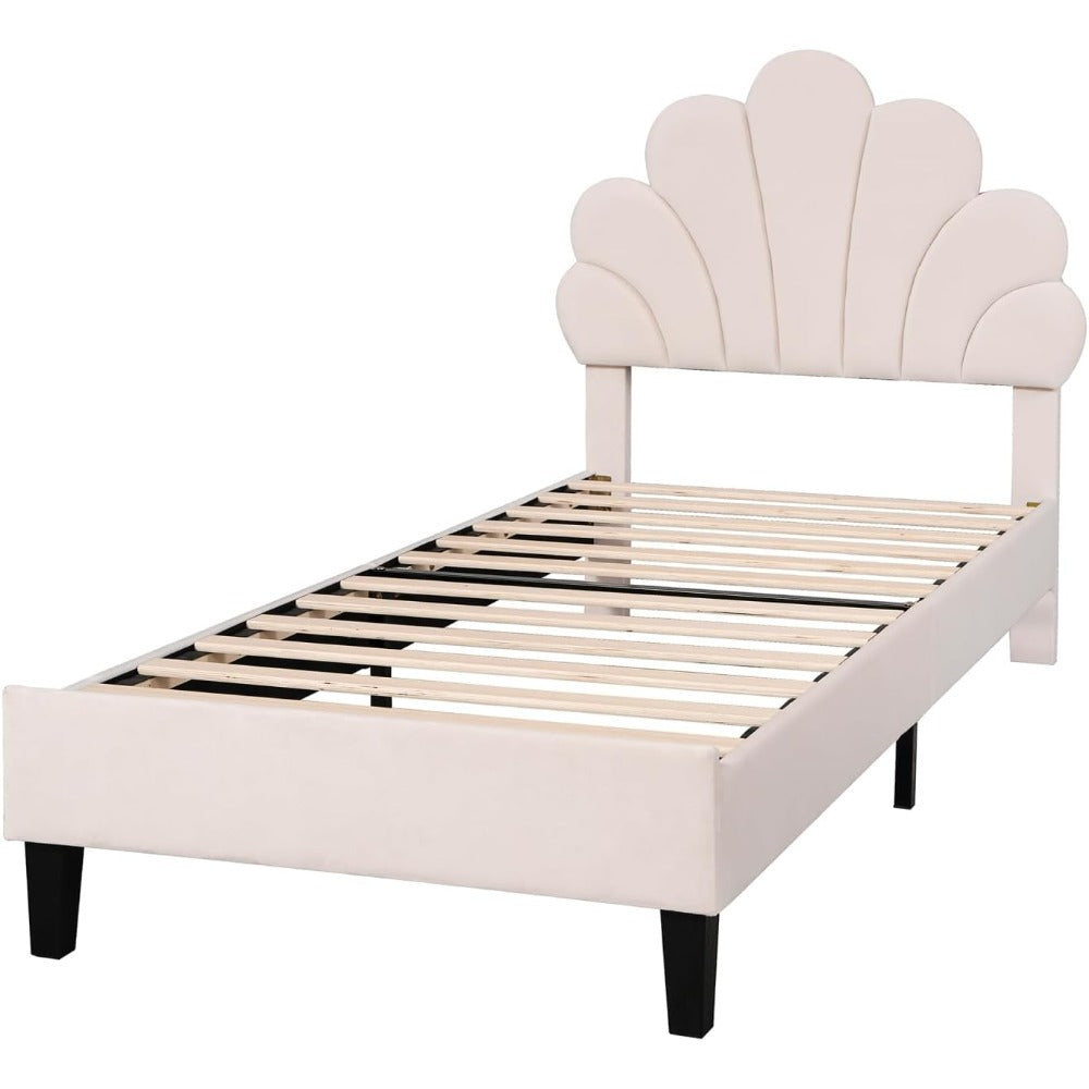 Gestoffeerd Bed – Slaapbed – Bedframe – Houten Bed – 90x200 cm – Fluwelen Bloemvormige Hoofdbord – Comfortabel en Warm – Beige