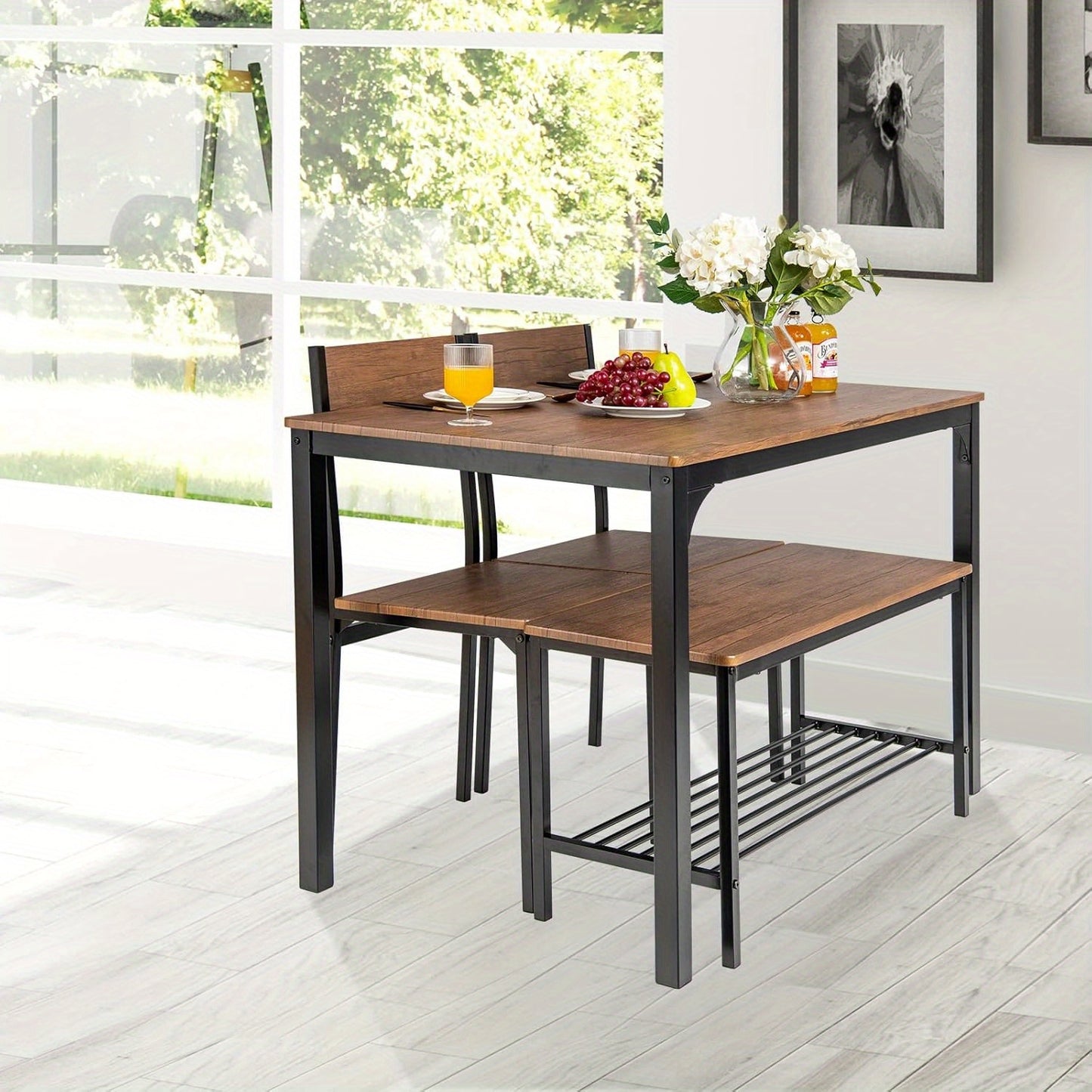 Eethoek 4 Personen – Eettafel Set – Eetkamerset – Tafel en Stoelen – Bank – Industrieel Design – Duurzaam MDF Hout – Ruime Opbergruimte
