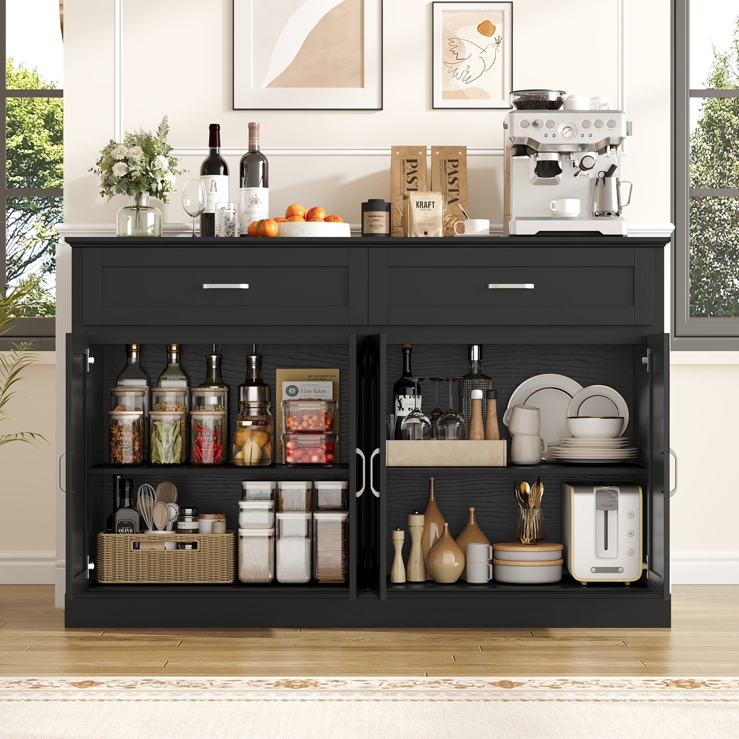 Dressoir – Sideboard – Opbergkast – Buffetkast – Tv-kast – Modern Design – Massief Hout & Spaanplaat – Ruime Opbergruimte met Lades en Deuren