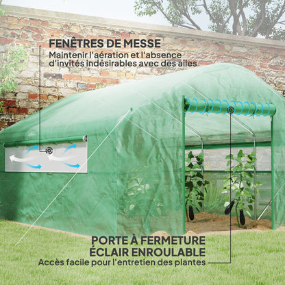 Outsunny Garden Greenhouse 12 m², Tunnel Greenhouse 4 x 3 x 2 m with Roll-Up Doors and Large Mesh Windows, Galvanized Steel and High-Density PE 140 g/m² UV-Resistant, Green