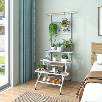 Plantenrek – Plantenstandaard – Plantentrap – Bloemenrek – Plantentafel – 3 Lagen Met Wieltjes – Metaal En Rubberhout – Voor Binnen En Buiten – Ruimtebesparend Ladderontwerp