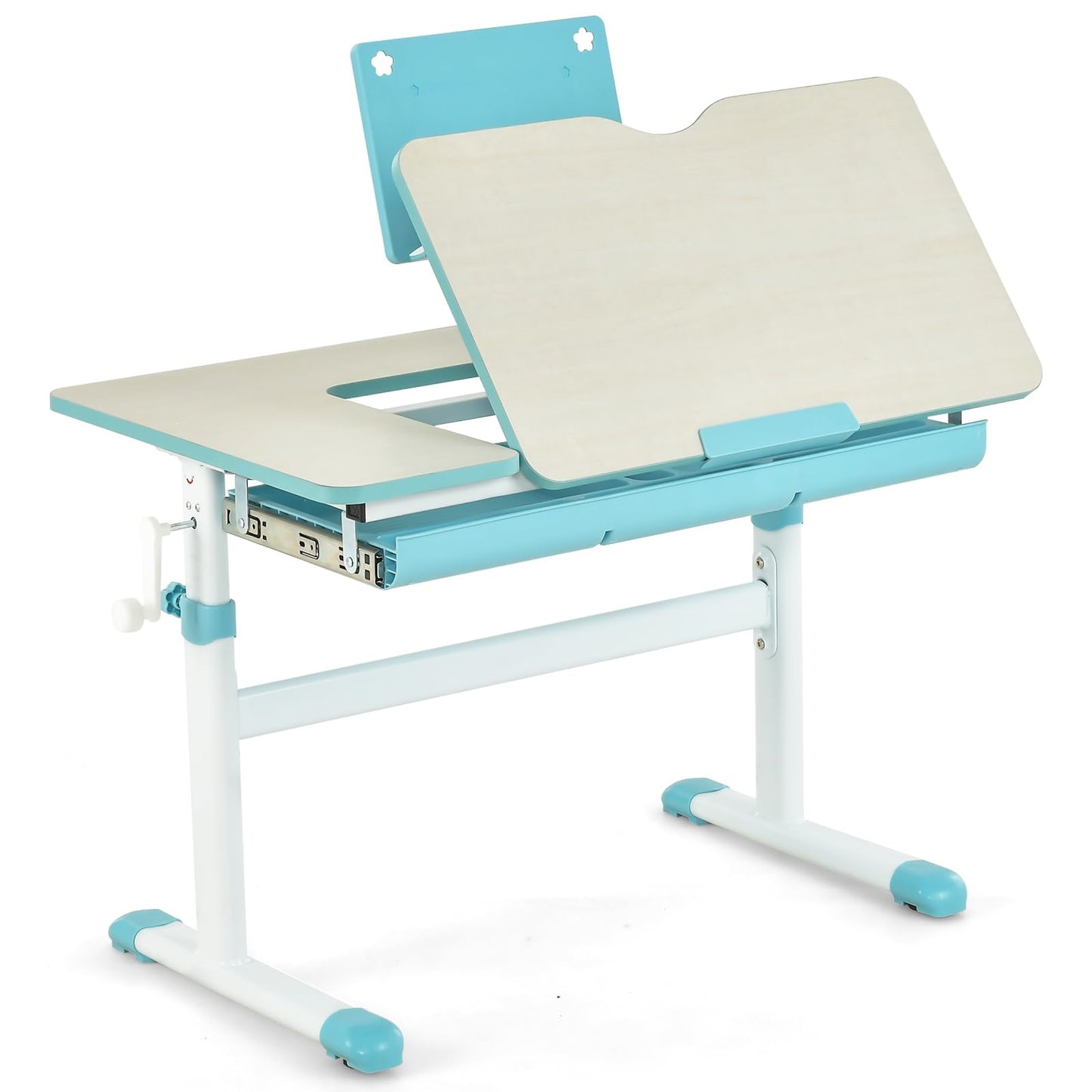 Kinderbureau – Kindertafel – Jeugdbureau – Tekentafel – Schoolbureau – Verstelbaar in Hoogte 51-73 cm – Kantelbaar Werkblad 0-60° – Opberglade Met Boekenplank – Blauw