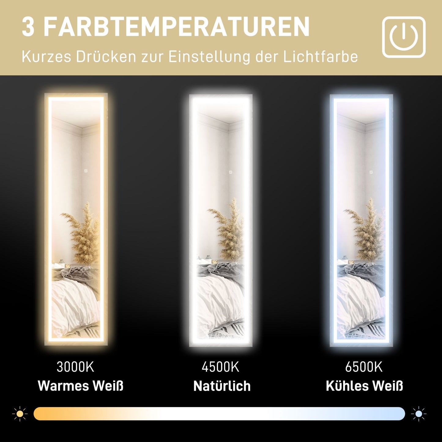 LED Volledige Lengte Spiegel – Led Spiegel – Staande Spiegel – Wandspiegel – Make-up Spiegel – Grijs Frame – 40 x 160 cm – Dimbare Touchbediening Met 3 Lichtkleuren