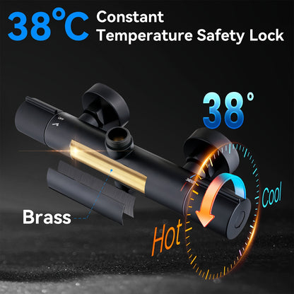Doucheset – Douche Set – Regendouche – Handdouche – Douchekraan – Constante Temperatuur 38°C – 25 cm Regendouchekop Zwart