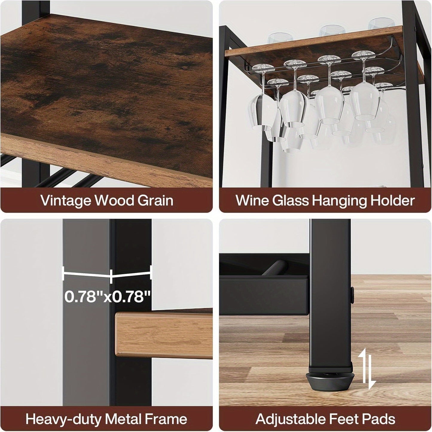 Wijnrek – Flessenrek – Wijnhouder – Wandrek – Organizer – 9-Laags Bruin Metaal – Inclusief Glazenhouder & Opbergruimte – Voor 20 Flessen – Industrieel Design – 45x35x180 cm