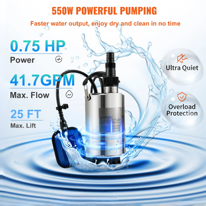 Dompelpomp - Rioolpomp - 550W - 0.75HP - 230V - 50Hz - voor het oppompen van water uit zwembaden, kelders en hot tubs - Zilver - QUORE