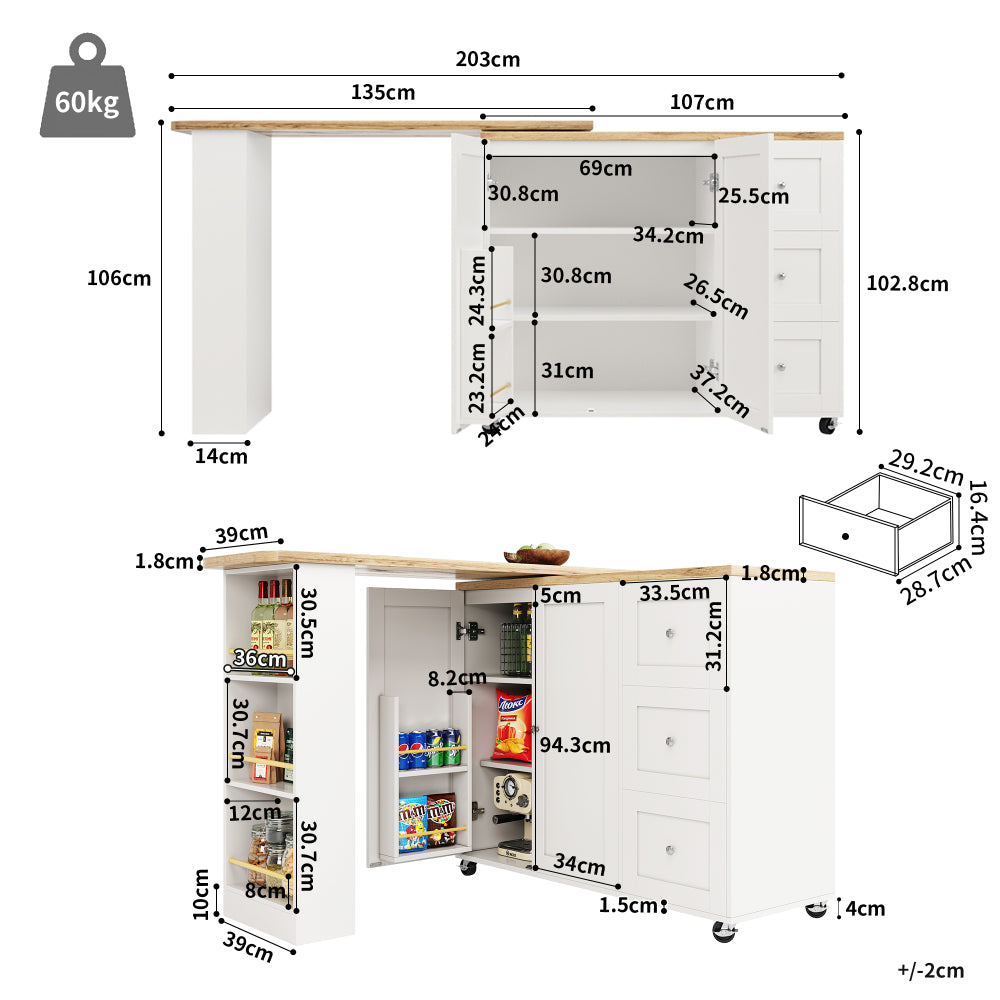 Keukeneiland – Keukentrolley – Keukenkast – Buffetkast – Organizer – 360° Draaibaar – MDF Wit – 135-203x39x106 cm – Inclusief Snackrek