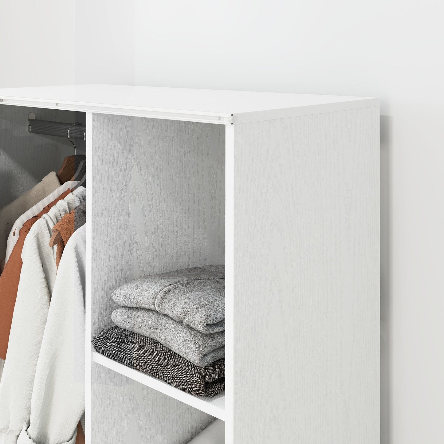 HOMCOM Wardrobe Closet Storage Furniture Mobile 6 Wheels with Clothes Rail And Open Shelves, Rolling Wardrobe Dressing Room for Bedroom, Dim. 80 X 40 X 128 Cm, White