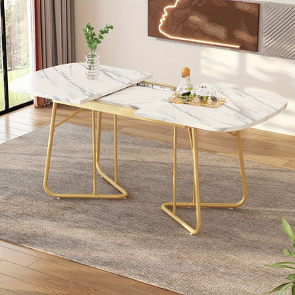 Uitschuifbare Eettafel – Uitklapbare Tafel – Verstelbare Eettafel – Marmeren Tafel – Witte Eettafel – Goudkleurige Metalen Poten – 140-180 cm Lengte – Modern Luxe Design