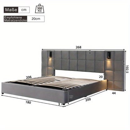 Uitschuifbed – Opbergbed – Bed Met Opbergruimte – Slaapbed – Velours Bed – 180x200cm – Hydraulische Opbergruimte – Verstelbare Lamp