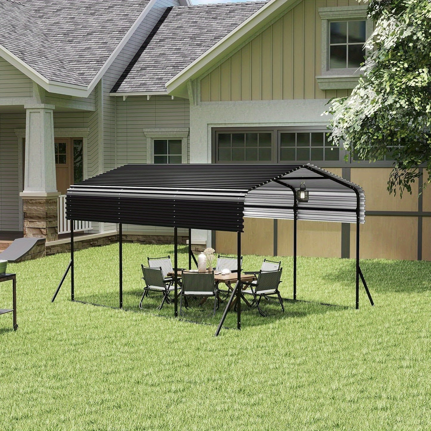 NAIZY Large Metal Carport Garage with Trapezoidal Panels - Sturdy Outdoor Vehicle Shelter for Cars, Trucks, SUVs - Durable Weather-Resistant Design, Easy Assembly, No Electricity Needed, Car Shelter, Sleek Metallic Finish, Ro