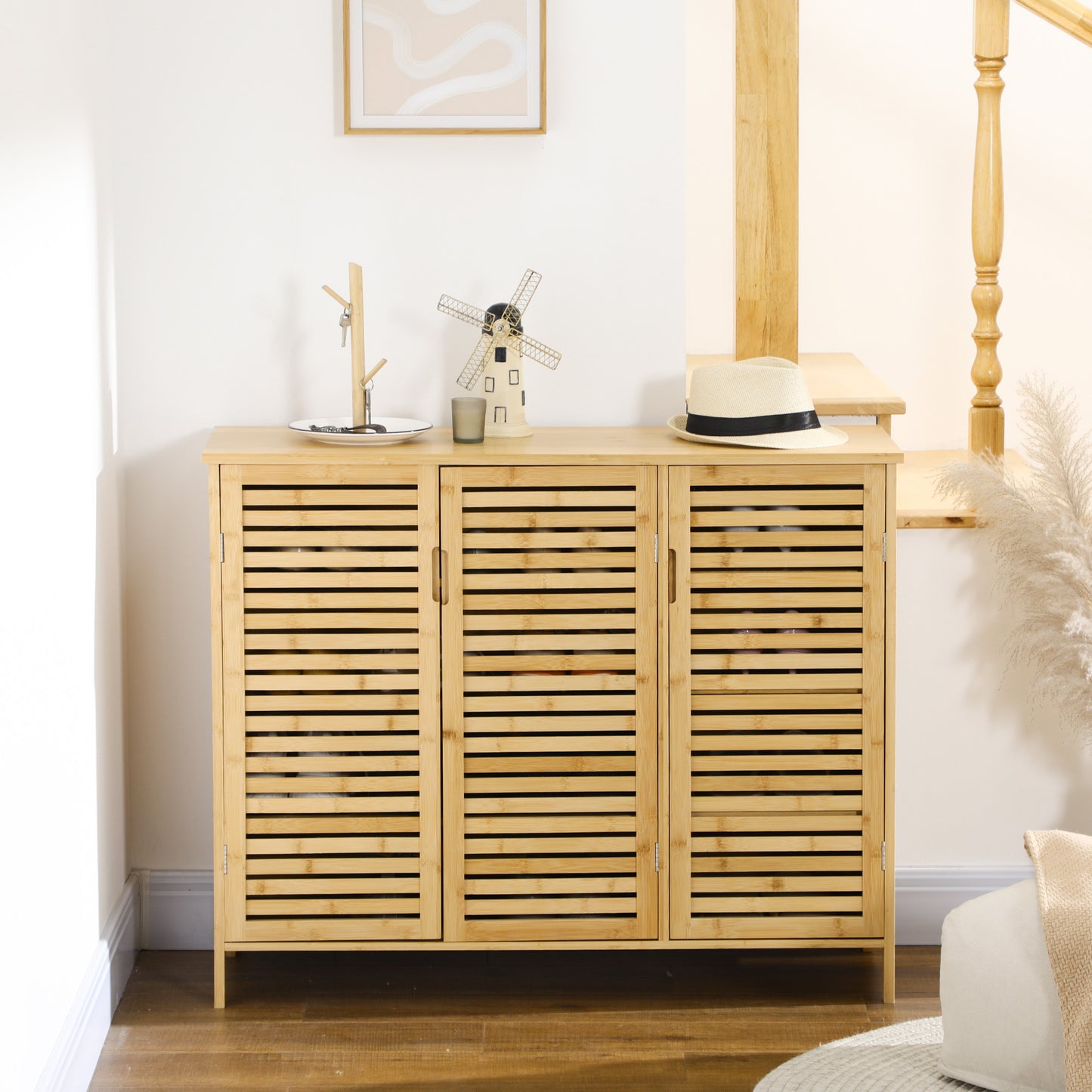 Schoenenkastje – Schoenopberger – Schoenrek – Schoenenkast – Schoenmeubel – Natuurlijk Hout – 3 Deuren Met Verstelbare Planken – Compact 100x35x80 Cm