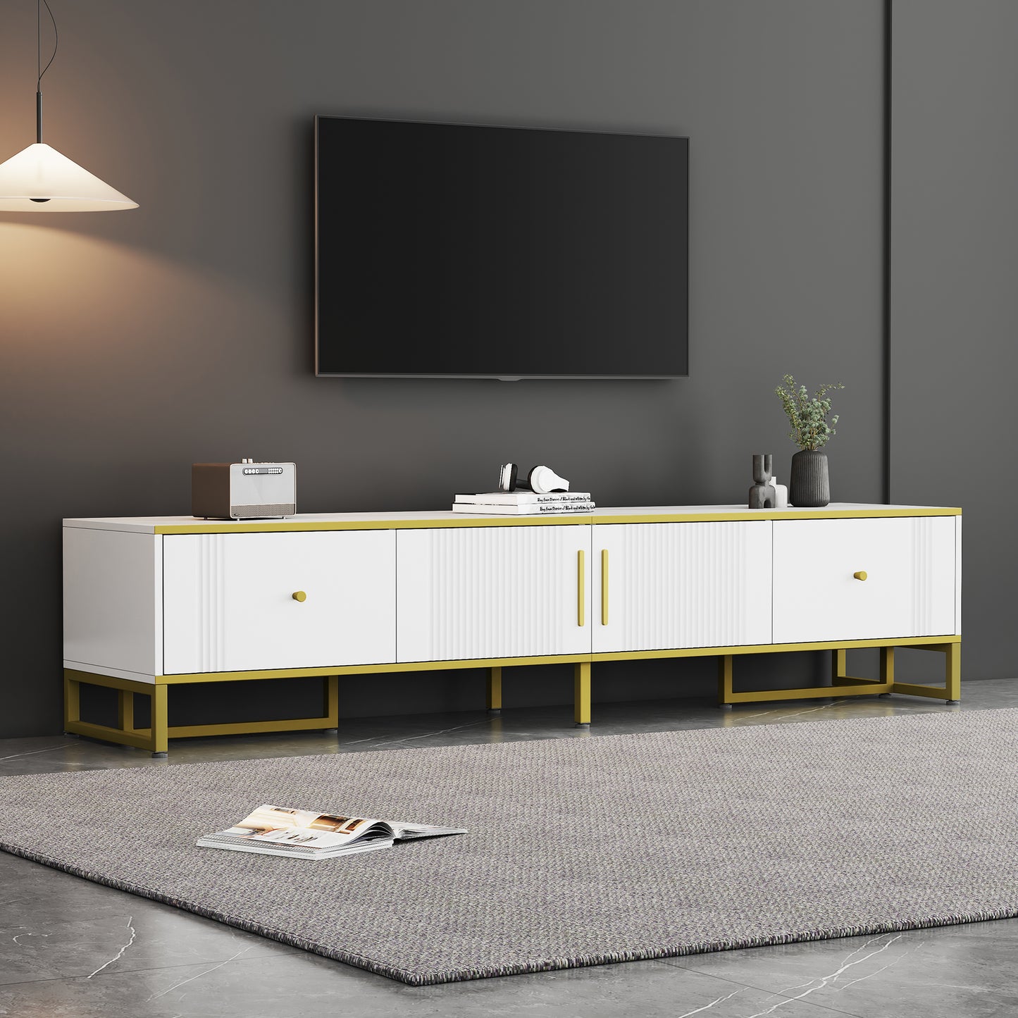 Tv Kast – TV Meubel – Lowboard – TV Dressoir – Media Meubel – Elegant Wit Met Gouden Rand – 180x40x40 cm – Voor Televisies Tot 80 Inch