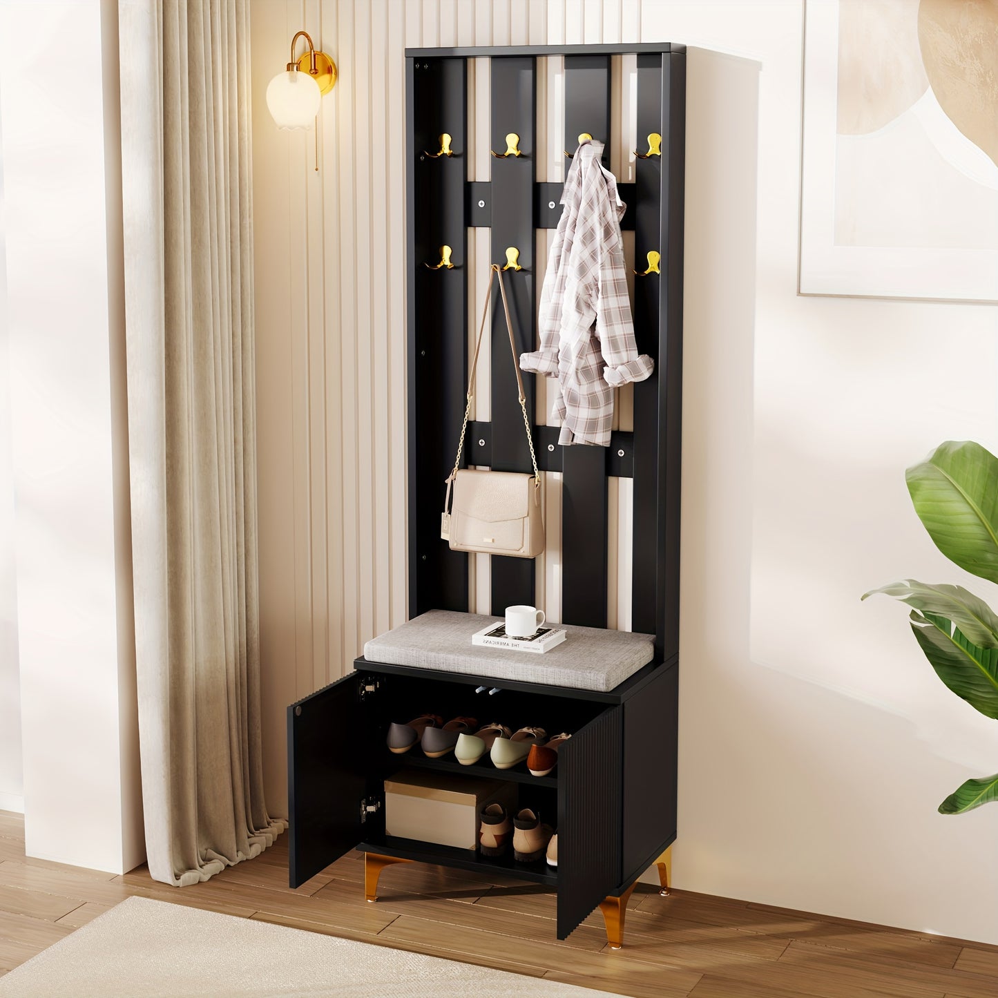 Kledingkast Set – Garderobe – Kapstok – Schoenenbank – Zitkussen – Houten Materiaal – Inclusief Haakjes