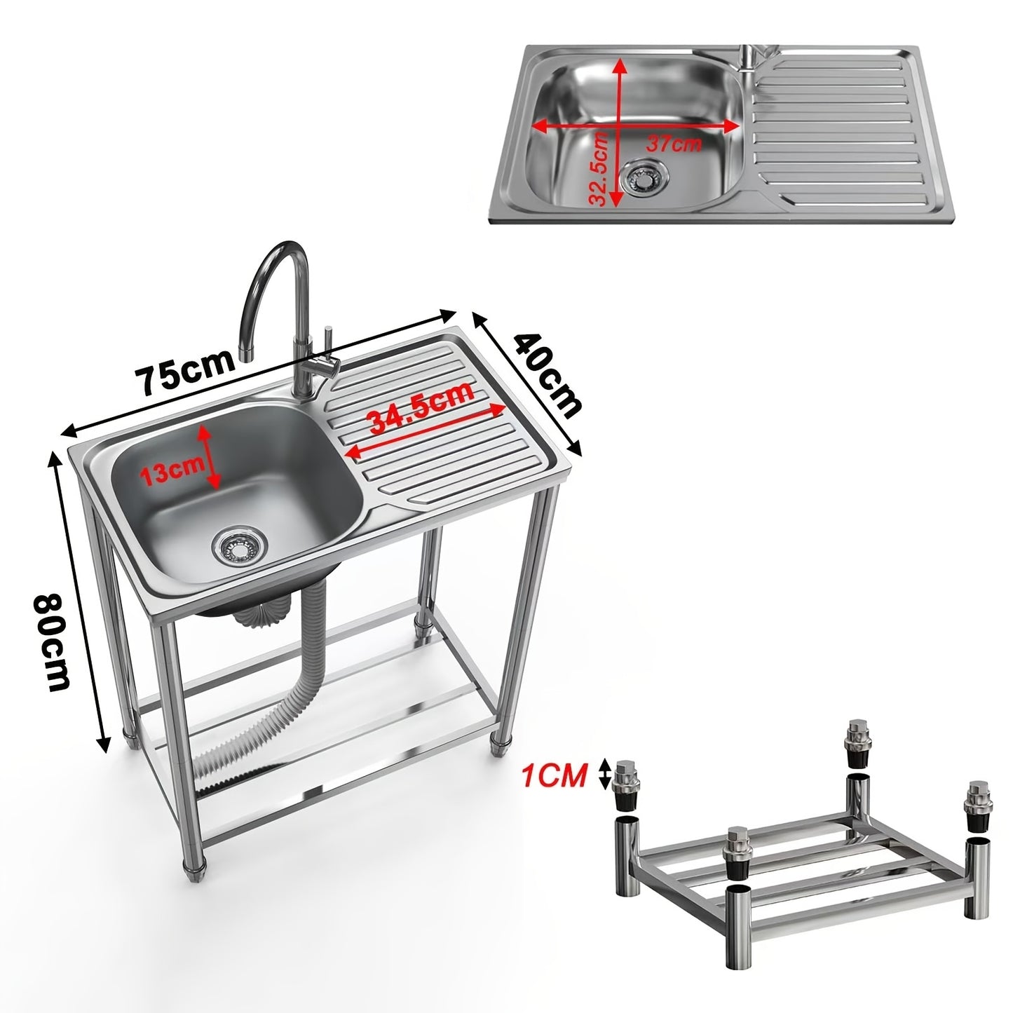 Stainless Steel Freestanding Sink with Workbench & Faucet - Heavy-Duty 304 Grade All-Weather Outdoor/Indoor Use, Large Capacity Durable Polished Sink for Kitchen, Camping, Garden, Garage, Holiday Events - Easy-Clean Surface &
