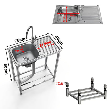 Stainless Steel Freestanding Sink with Workbench & Faucet - Heavy-Duty 304 Grade All-Weather Outdoor/Indoor Use, Large Capacity Durable Polished Sink for Kitchen, Camping, Garden, Garage, Holiday Events - Easy-Clean Surface &