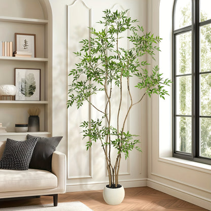 Artificial Tree, Artificial Nandina Domestica Tree, 210cm High Artificial Nandina Domestica Tree, Suitable for Home Decoration, with White Flower Pot, with Decorative Stones, Suitable for Indoor And Outdoor Home, Office, Livi