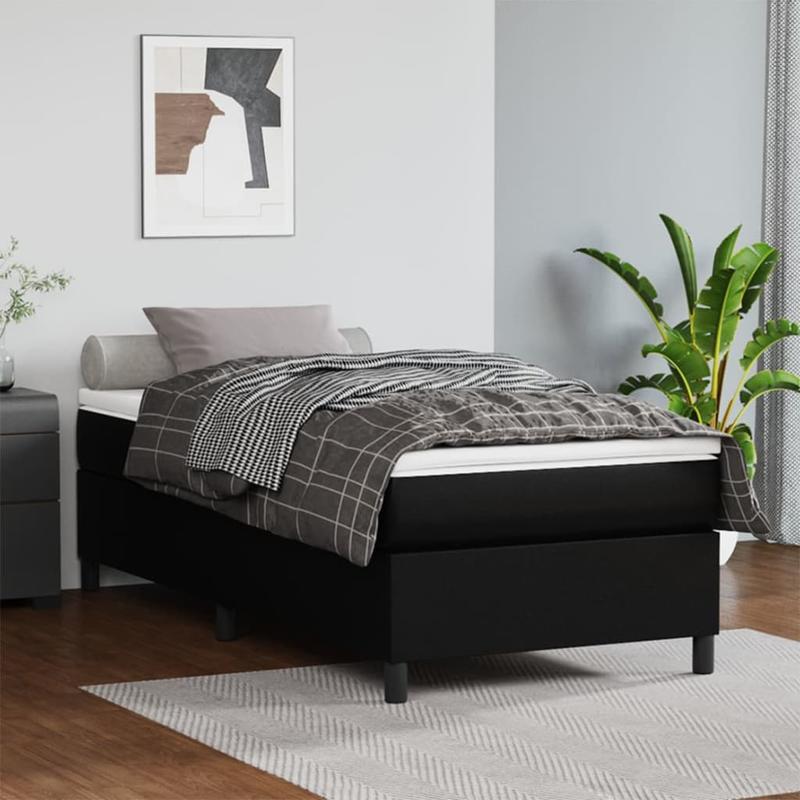 Boxspringbed – Bed – Slaapbank – Ledikant – Bedframe – Zwart Kunstleer – Inclusief Matras 90x200 cm – Laag Profiel & Metalen Frame