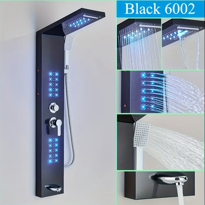 5-in-1 Stainless Steel Shower Panel Tower System with Rainfall Showerhead, Waterfall Spout, Handheld Shower & Tub Spout - High-Pressure Wall-Mounted Bath System, Matte Black Finish, Blue Backlit Controls, Easy Installation (N