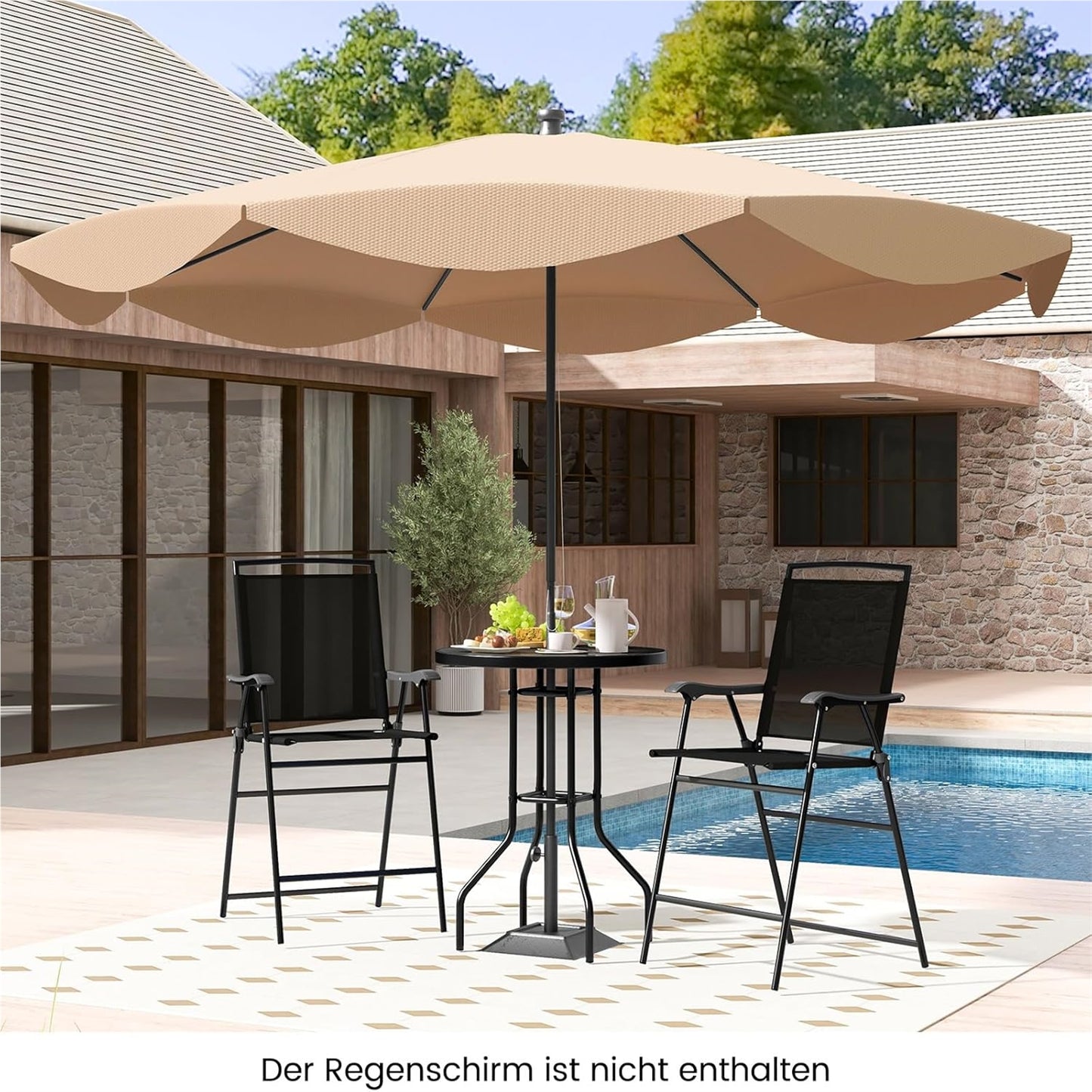 Bistro Tuinset – Balkon Meubels – Terras Set – Buiten Tafel Met Stoelen – Tuinmeubilair – Met Parasolgat – Vouwbare Stoelen – Zwart Metalen Frame – Duurzaam & Compact