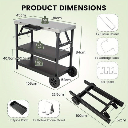 Buitenkeukentrolley – Buitenwagen – BBQ Trolley – Opbergtrolley – Werktafel – Roestvrijstalen Blad – Verstelbare Middenplank – Inklapbaar Met Wielen