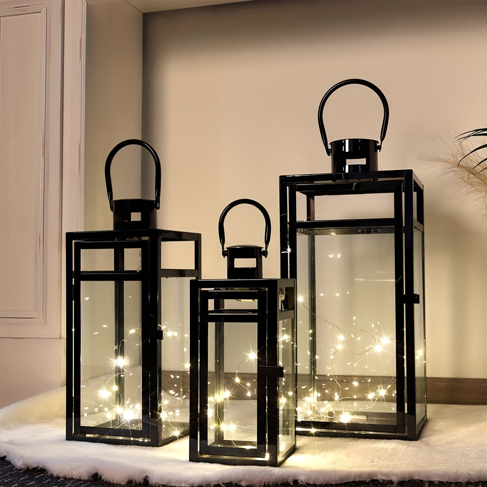 Lantaarn – Tuinlantaarn – Windlicht – Sfeerlamp – Outdoor Lamp – Set Van 3 – Zwart Metalen Design – Gehard Glas – 48/38/30 cm Hoog