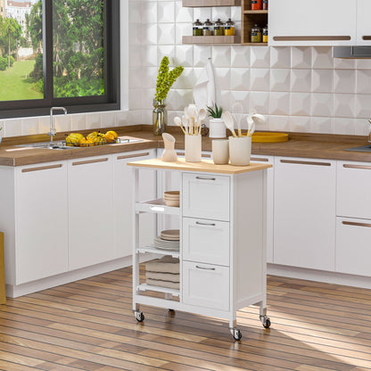 Keukenwagen – Keukentrolley – Serveerwagen – Keukenmeubel – Werktafel – Landelijke Witte Stijl – 3 Grote Lades – 4 Wieltjes Voor Makkelijk Verplaatsen