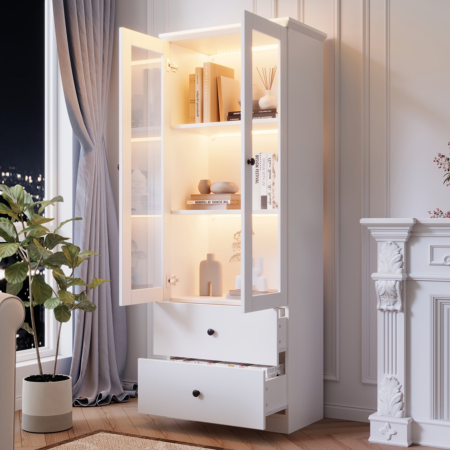 Displaykast – Vitrinekast – Glazen Kast – Opbergkast – Boekenkast – Mat Wit – 165 Cm Hoog – Verstelbare Planken & 2 Laden – Bamboe Materiaal