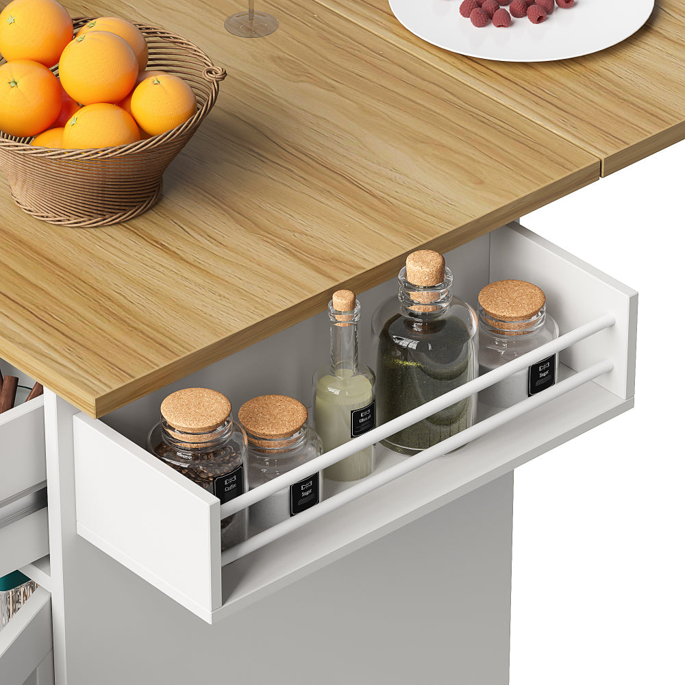 White Metal Mobile Kitchen Island Cart with Wood-Grain Tabletop, Adjustable Dividers, Towel & Spice Racks, Removable Cabinet Doors & Lower Storage - Heavy-Duty Rolling Cabinet with Upper Display Shelf, Easy Assembly, Space-Sa