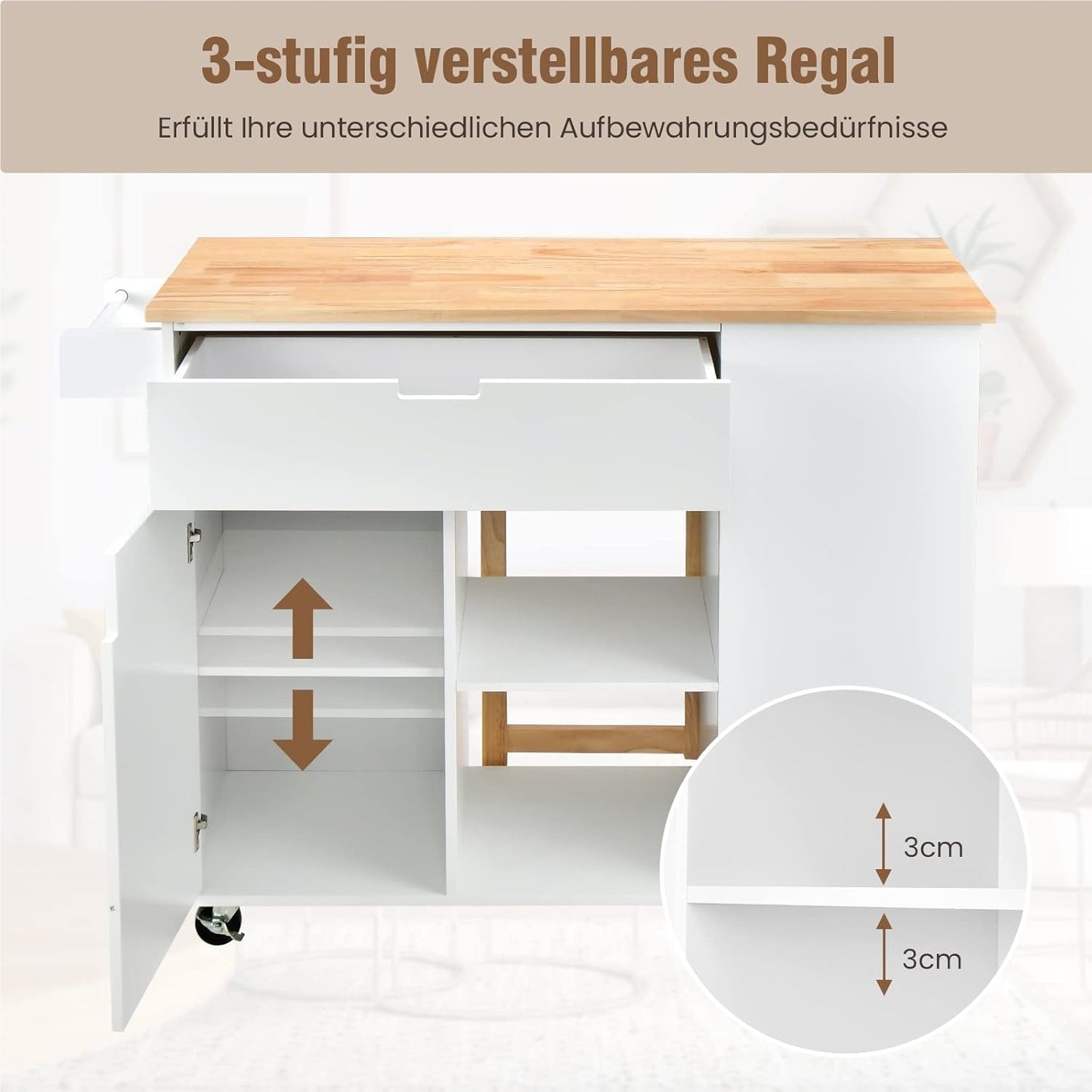Mobiele Keukenkar – Keukentrolley – Keukenwagen – Serveerwagen – Keukenblok – Uitschuifbaar Werkblad – Veel Opbergruimte – Wit