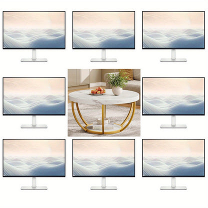 Salontafel – Koffietafel – Woonkamertafel – Bijzettafel – Tafel – Modern – Ronde 2-laags – Wit marmerlook MDF blad – Gouden metalen poten