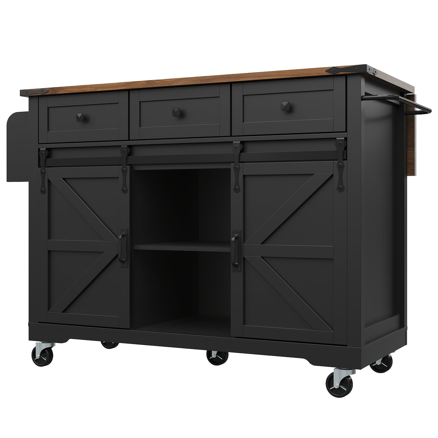 Mobiele Keukentrolley – Keukenwagen – Serveertrolley – Keukenkast – Werktafel – Zwart – Uittrekbaar Werkblad – Vergrendelbare Wieltjes
