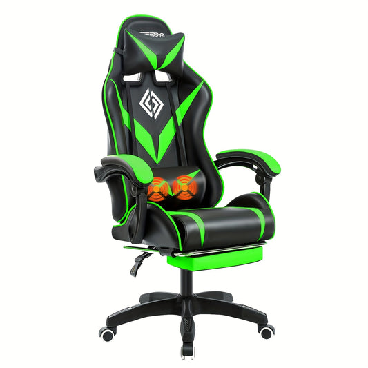 Gamingstoel – Gaming Chair – Bureau Stoel – Game Stoel – Computerstoel – Ergonomisch Design – Massagefunctie en Verstelbare Voetensteun – Metalen Frame Kunstleer – Groen Zwart