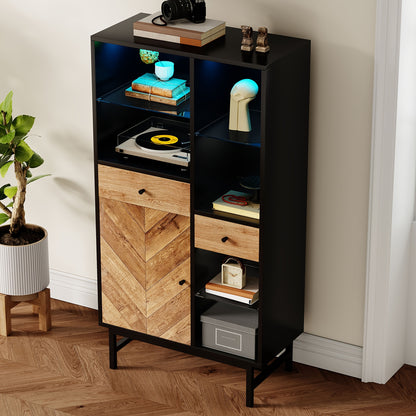 Vitrinekast – Displaykast – Opbergkast – Servieskast – Dressoir – Hout Zwart + Houtkleur – Ruime Opbergruimte – Modern Triangulair Design