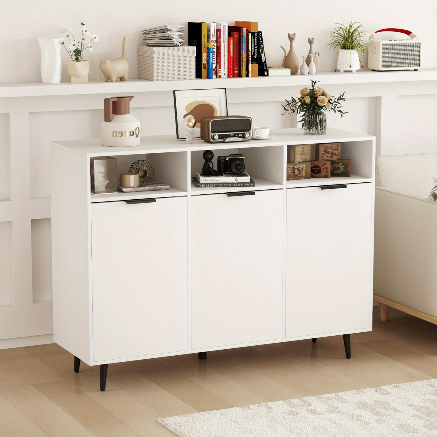 Dressoir – Sideboard – Buffetkast – Opbergkast – Ladekast – Modern Wit Design – 5 Verstelbare Planken & Anti-Kantelbeveiliging – Stevig MDF Metalen Poten 120x40x90 cm