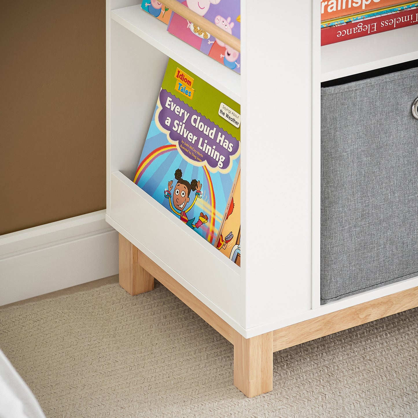 Kinderboekenkast – Kinderboekenrek – Opbergkast – Boekenplank – Speelgoedkast – MDF & rubberhout – 100x80x35 cm – Inclusief Stoffen Opbergboxen
