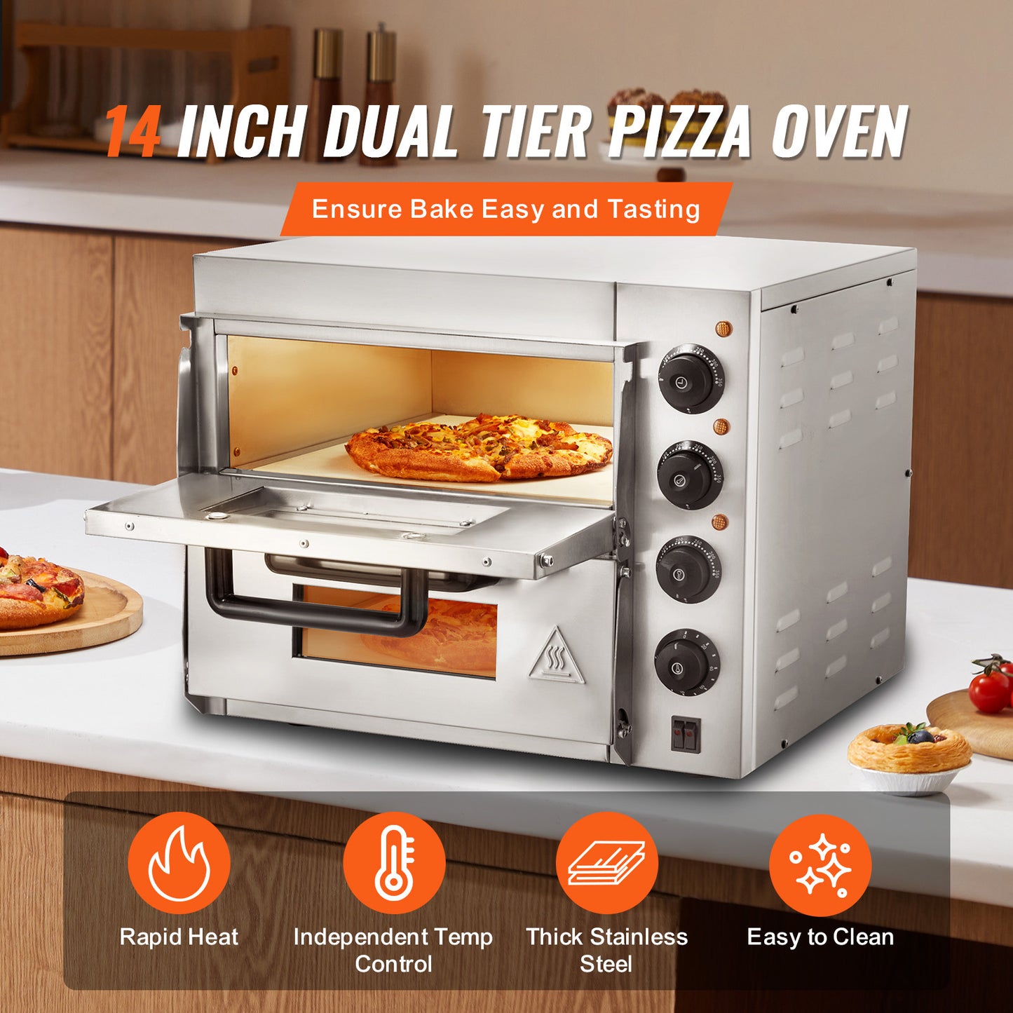 Pizzaoven – Elektrische Oven – Pizzamaker – Gourmetoven – Bakoven – RVS Roestvrij Staal – 356 mm Bakoppervlak – Vier Instelbare Knoppen