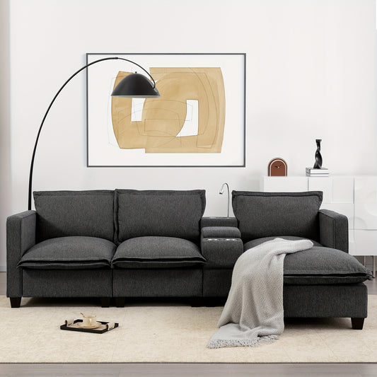 3-zitsbank – 3-zits sofa – hoekbank – loveseat – zitbank – grijze chenille stof – ingebouwde opbergruimte en leeslamp