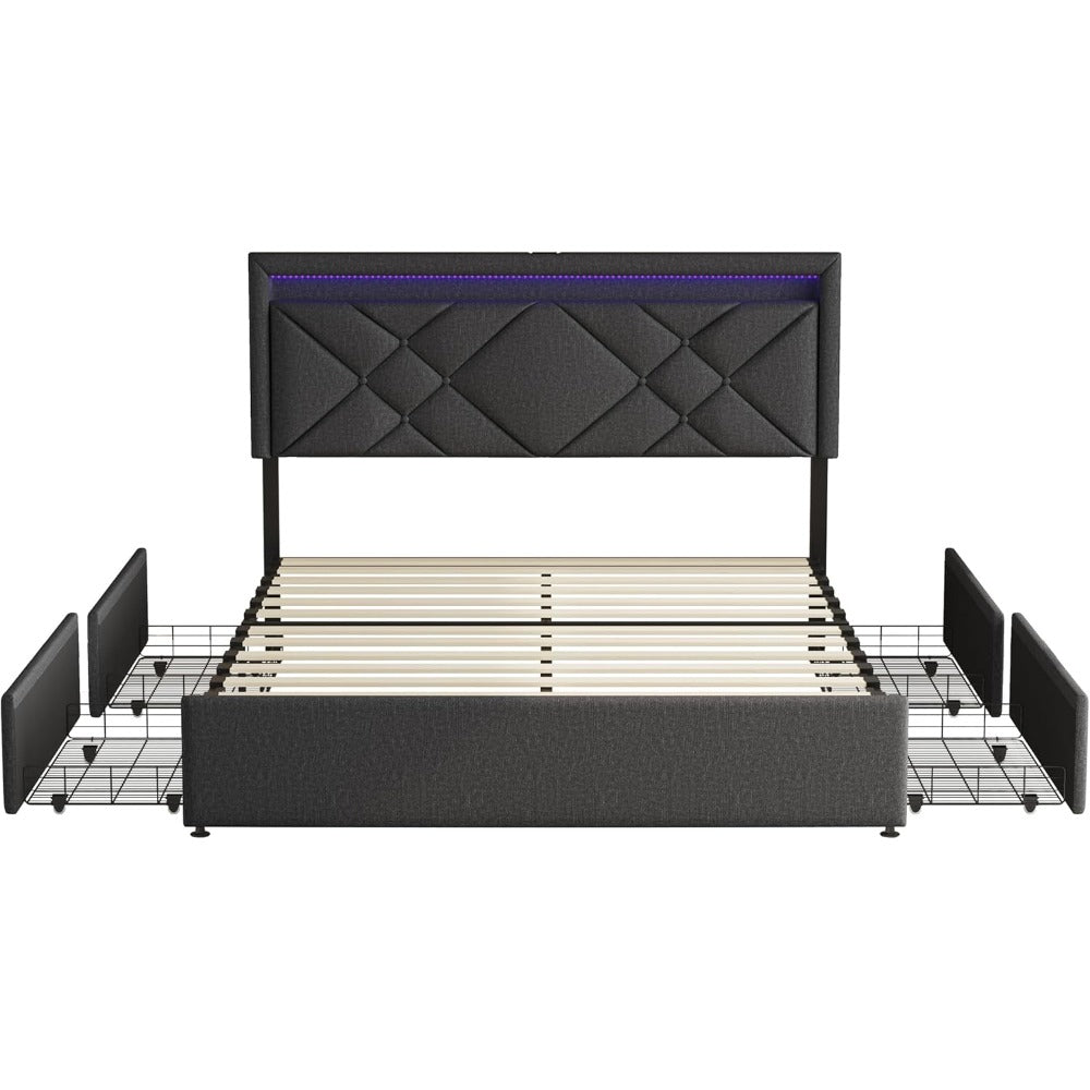 Bedkast – Tweepersoonsbed – Opbergbed – Bed Met Laden – Gestoffeerd Bed – 160x200 cm – LED Hoofdbord Met Afstandsbediening – USB Oplaadpoort