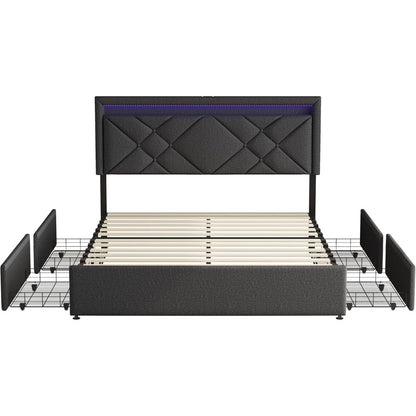 Bedkast – Tweepersoonsbed – Opbergbed – Bed Met Laden – Gestoffeerd Bed – 160x200 cm – LED Hoofdbord Met Afstandsbediening – USB Oplaadpoort