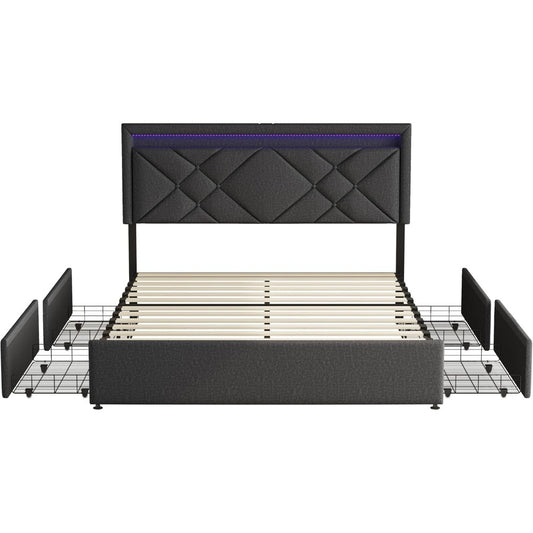 Bedkast – Tweepersoonsbed – Opbergbed – Bed Met Laden – Gestoffeerd Bed – 160x200 cm – LED Hoofdbord Met Afstandsbediening – USB Oplaadpoort