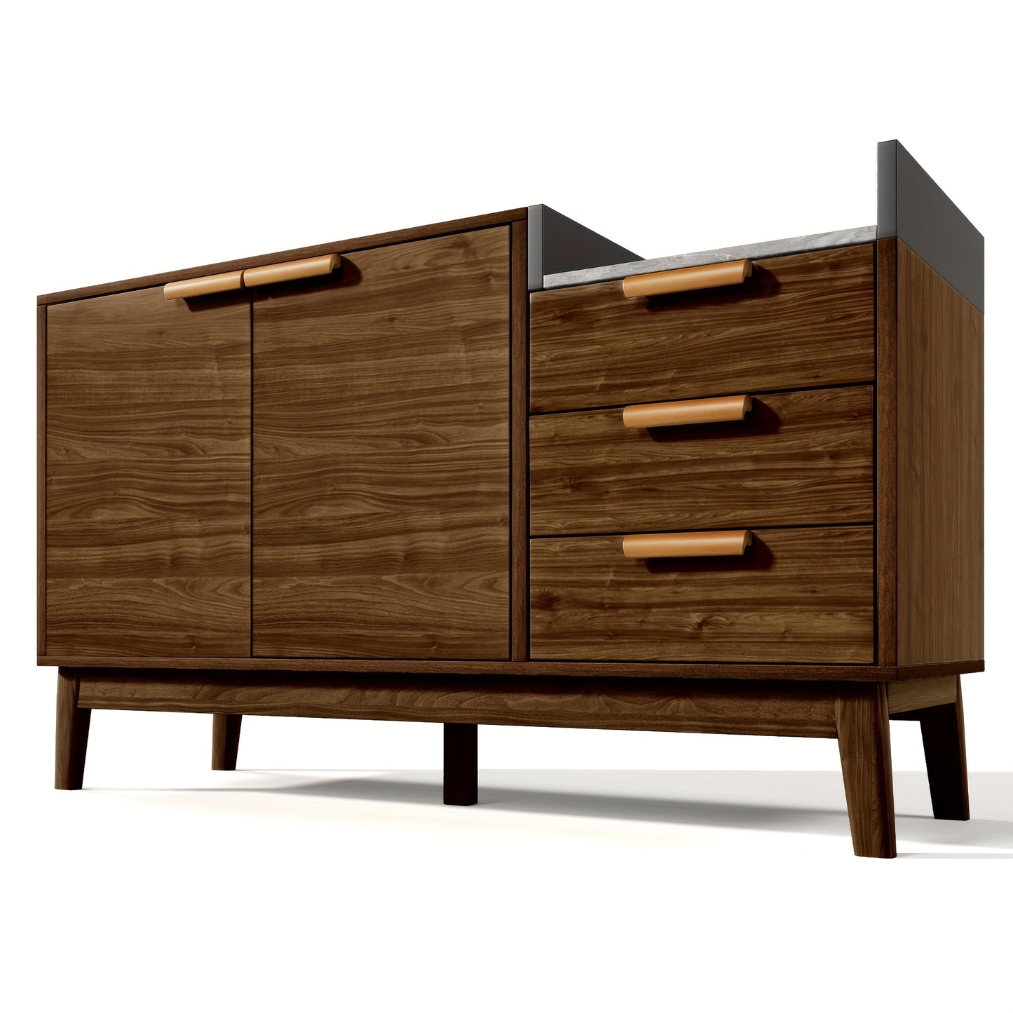 Modern Oak Grain Living Room Storage Cabinet with Marbleized Countertop, 3 Drawers & Double Door Cabinet - Heavy-Duty Metal Construction, Adjustable Height Shelves, Robot Vacuum Friendly, Spacious Storage (≥3.2 Cu Ft), Cont
