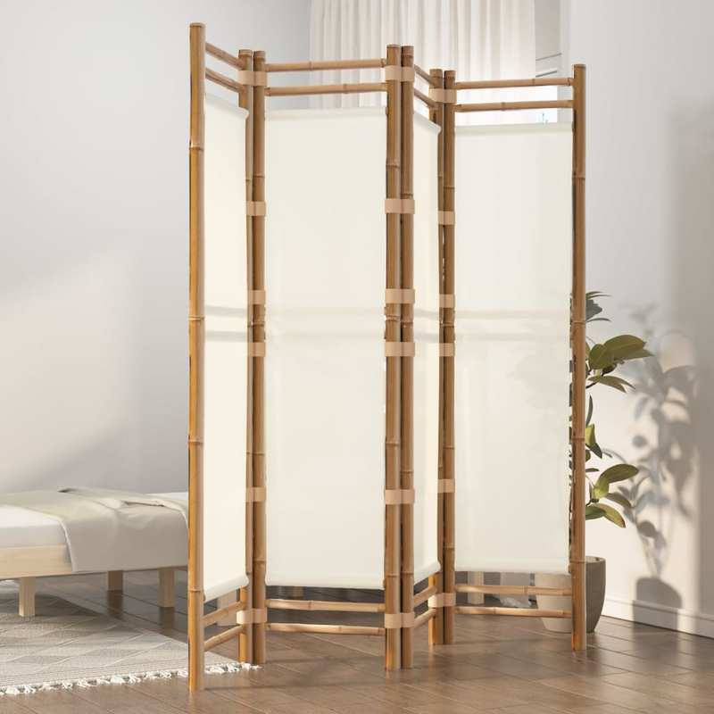 Kamerscherm – Paravent – Roomdivider – Scheidingswand – Privacy Scherm – 4 Panelen – Bamboe En Crème Canvas – Vouwbaar 160 cm Hoog