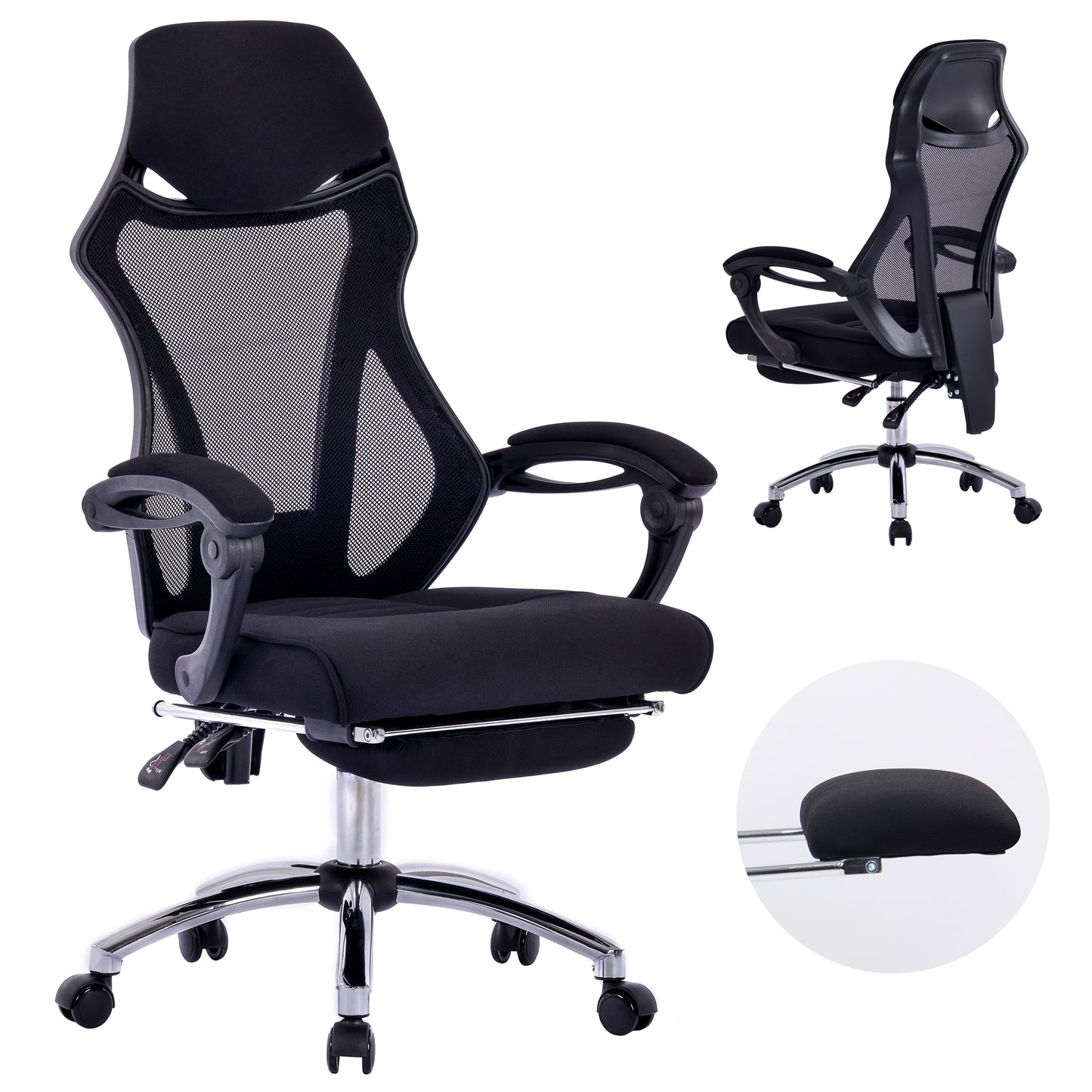 Ergonomische Bureaustoel – Kantoorstoel – Bureaustoel Met Voetensteun – Werkstoel – Verstelbare Stoel – Ademend Mesh Rugleuning – Met Voetensteun – Zwart – Max 150 kg Draagkracht