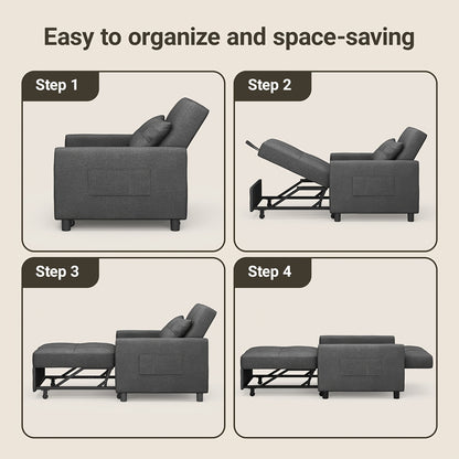 3-in-1 Sleeping Chair Sofa Bed, Convertible Chair With Bed Function, Sofa Bed With Cushion And Side Pocket, Armchair With Sleep Function For Small Apartment (Dark Grey, Light Grey)