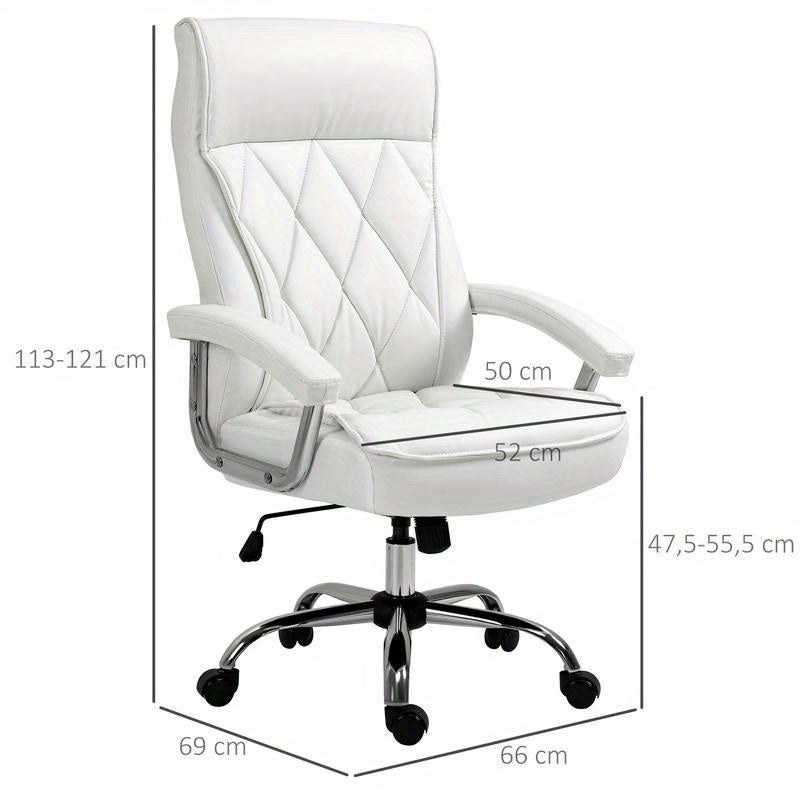 Bureaustoel – Ergonomische Stoel – Kantoormeubilair – Bureaustoel Met Wielen – Draaistoel – Verstelbare Zithoogte – Kantelfunctie – Witte Kunstleren Bekleding – Stevige Vijfwielbasis