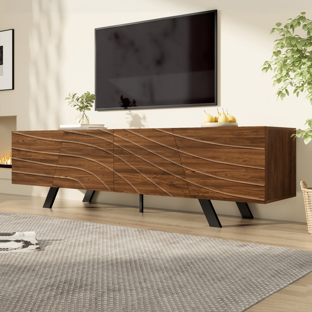 Modern Wave-Front TV Stand with Walnut-Grain Cabinet & Black Wrought-Iron Legs - Metal Entertainment Center with Cable Management, Shelving & Ample Storage Suitable for, Entryway (160×39×50.5cm)