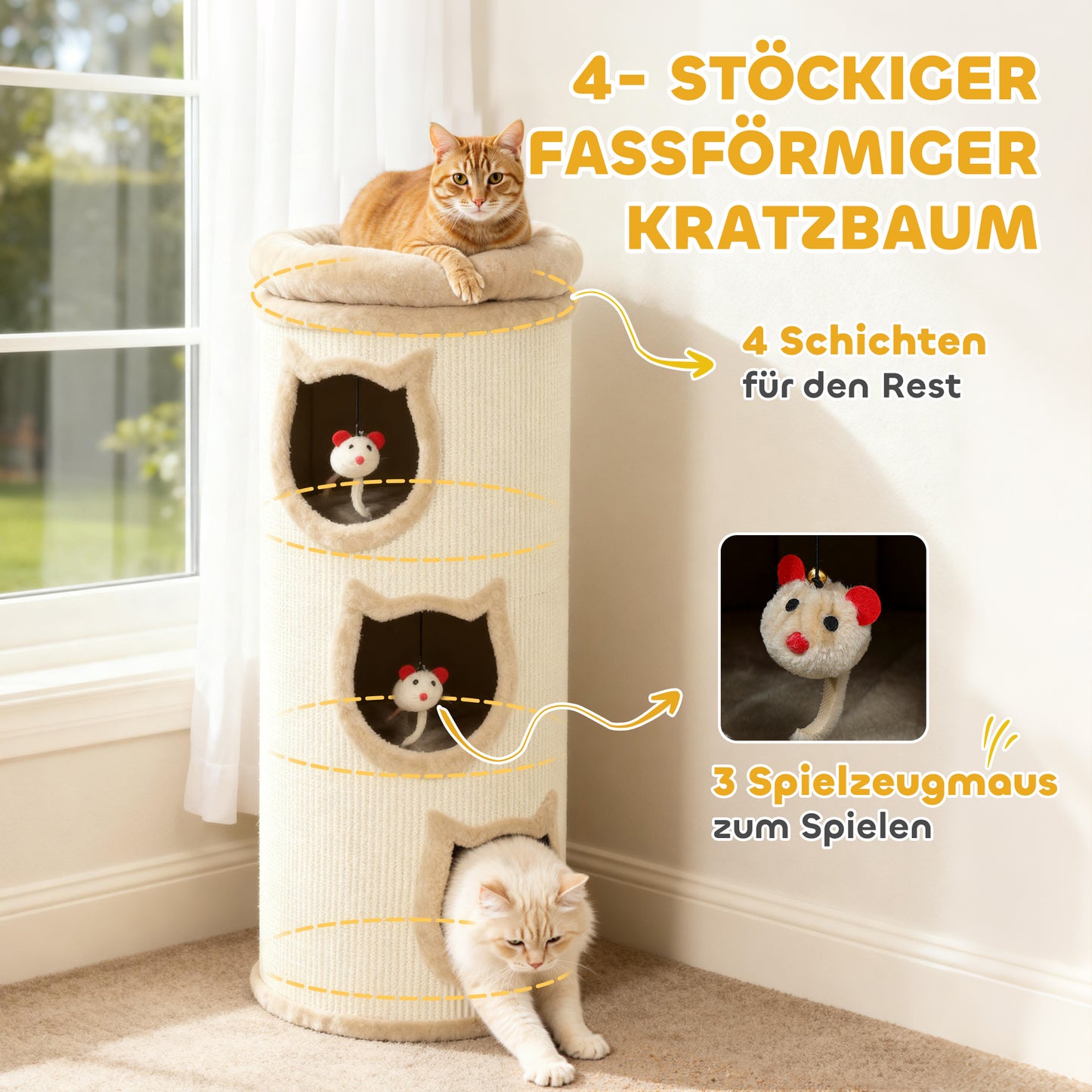 Krabpaal voor Katten – Krabboom – Kattenpaal – Kattenmeubel – Krabtoren – 4 Niveaus met Wasbaar Bed – 3 Slaapholletjes – Grijs – 96 cm – Voor Meerdere Katten