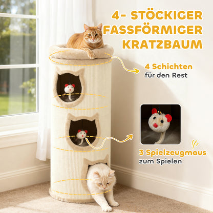 Krabpaal voor Katten – Krabboom – Kattenpaal – Kattenmeubel – Krabtoren – 4 Niveaus met Wasbaar Bed – 3 Slaapholletjes – Grijs – 96 cm – Voor Meerdere Katten