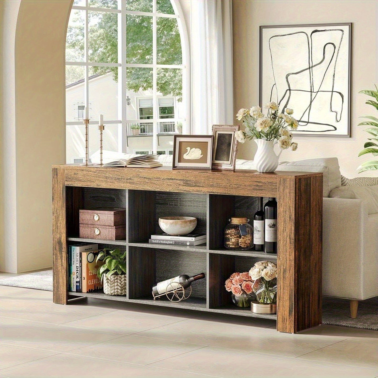 Sidetable – Consoletafel – Wandtafel – Haltafel – Bijzettafel – Landelijke Stijl – 160 cm Smal – Handgemaakt Hout Met 6 Opbergruimtes – Duurzaam & Eenvoudig Te Monteren